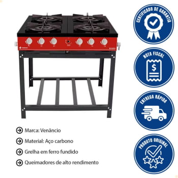 Fogão Industrial Venâncio à Gás Bravo 4 Bocas Vermelho Esmaltado BR4B 16615