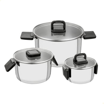 Jogo de Panelas Tramontina Lótus Em Aço Inox Com Fundo Triplo e Alças Dobráveis 3 Pçs 65570000 Jogo de Panelas Tramontina Lótus Em Aço Inox Com Fundo Triplo e Alças Dobráveis 3 Pçs 65570000