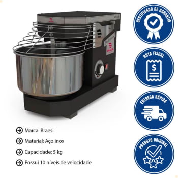 Amassadeira Industrial Espiral Braesi AES-05 Bivolt 5Kg 10 Velocidades Preta B14104