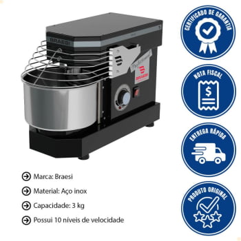 Amassadeira Industrial Espiral Braesi AES-03 Bivolt 3Kg 10 Velocidade Preta B18881