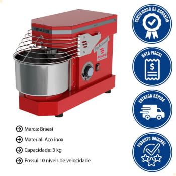 Amassadeira Industrial Espiral Braesi AES-03 Bivolt 3Kg 10 Velocidade Vermelha B18882