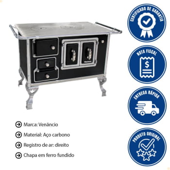 Fogão a Lenha Tradicional Venâncio N°2 Preto Porta Dupla Sem Tampa Direito 21769