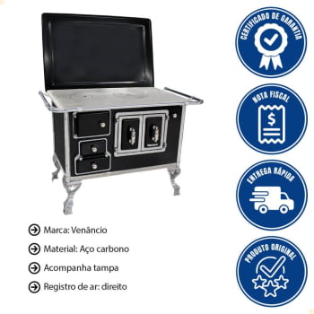 Fogão a Lenha Tradicional Venâncio N°2 Preto Porta Dupla Com Tampa Direito