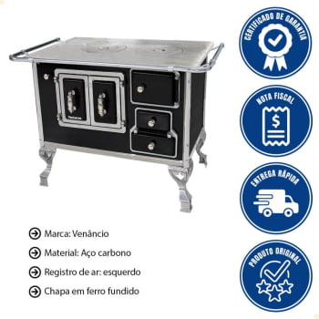 Fogão a Lenha Tradicional Venâncio N°2 Preto Porta Dupla Sem Tampa Esquerdo 21784