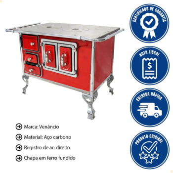 Fogão a Lenha Tradicional Venâncio N°2 Porta Dupla Vermelho Sem Tampa Direito 21778