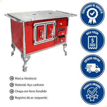 Fogão a Lenha Tradicional Venâncio N°2 Vermelho Porta Dupla Sem Tampa Esquerdo 21793