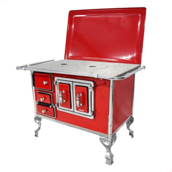 Fogão a Lenha Tradicional Venâncio N°2 Porta Dupla Vermelho Com Tampa Direito