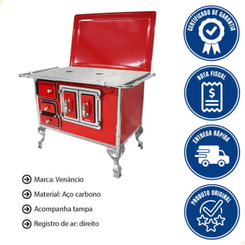 Fogão a Lenha Tradicional Venâncio N°2 Porta Dupla Vermelho Com Tampa Direito