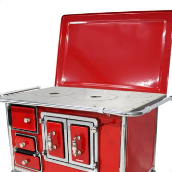 Fogão a Lenha Tradicional Venâncio N°2 Porta Dupla Vermelho Com Tampa Direito