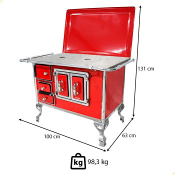 Fogão a Lenha Tradicional Venâncio N°2 Porta Dupla Vermelho Com Tampa Direito