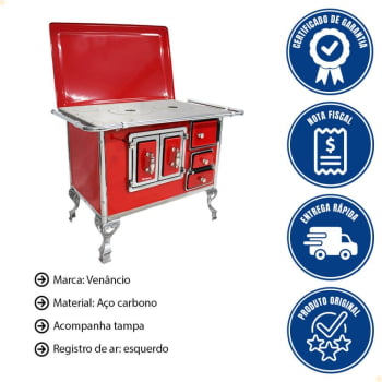 Fogão a Lenha Tradicional Venâncio N°2 Vermelho Com Tampa Esquerdo