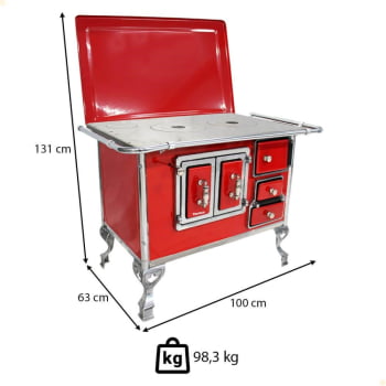 Fogão a Lenha Tradicional Venâncio N°2 Vermelho Com Tampa Esquerdo