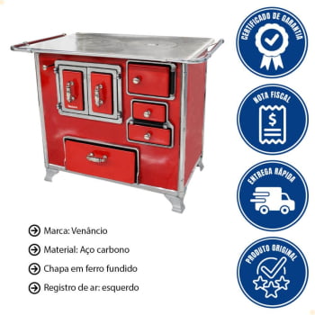 Fogão a Lenha Tradicional Venâncio N°2 Vermelho Porta Dupla Sem Tampa Gabinete Esquerdo 28997