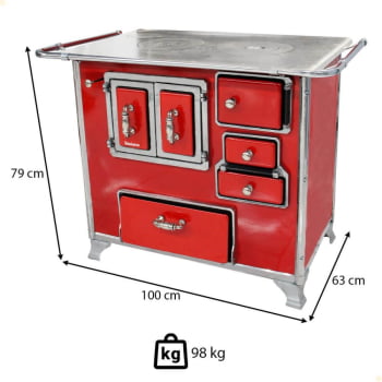 Fogão a Lenha Tradicional Venâncio N°2 Vermelho Porta Dupla Sem Tampa Gabinete Esquerdo 28997