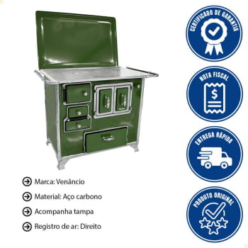 Fogão a Lenha Tradicional Venâncio N°2 Verde Porta Dupla Com Tampa Gabinete Direito