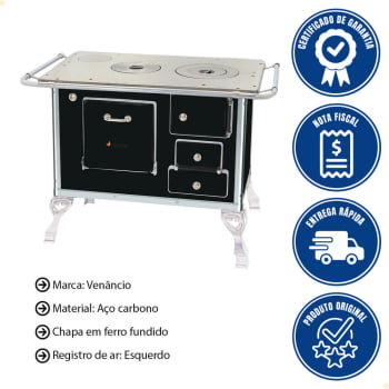 Fogão a Lenha Tradicional Venâncio N°1 Preto Sem Tampa Esquerdo 21635