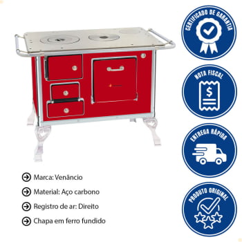 Fogão a Lenha Tradicional Venâncio N°1 Vermelho Sem Tampa Direito 21556