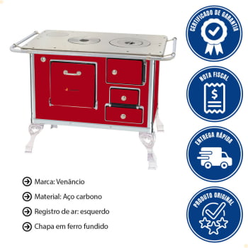 Fogão a Lenha Tradicional Venâncio N°1 Vermelho Sem Tampa Esquerdo 21571