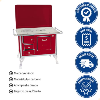 Fogão a Lenha Tradicional Venâncio N°1 Vermelho Com Tampa Direito