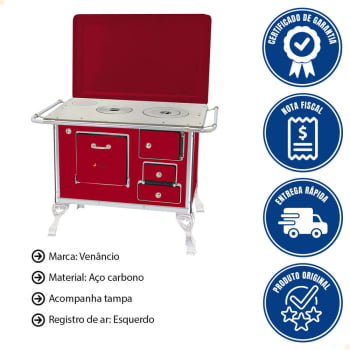 Fogão a Lenha Tradicional Venâncio N°1 Vermelho Com Tampa Esquerdo