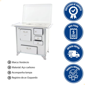 Fogão a Lenha Tradicional Venâncio N°1 Branco Com Tampa Gabinete Esquerdo