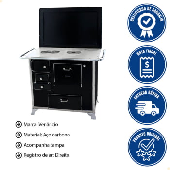 Fogão a Lenha Tradicional Venâncio N°1 Preto Com Tampa Gabinete Direito