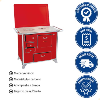 Fogão a Lenha Tradicional Venâncio N°1 Vermelho Com Tampa Gabinete Direito