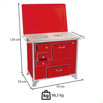 Fogão a Lenha Tradicional Venâncio N°1 Vermelho Com Tampa Gabinete Direito