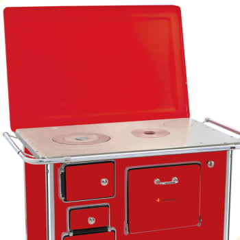 Fogão a Lenha Tradicional Venâncio N°1 Vermelho Com Tampa Gabinete Direito