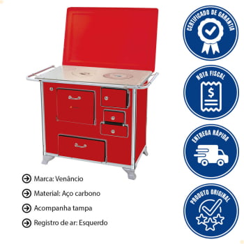 Fogão a Lenha Tradicional Venâncio N°1 Vermelho Com Tampa Gabinete Esquerdo