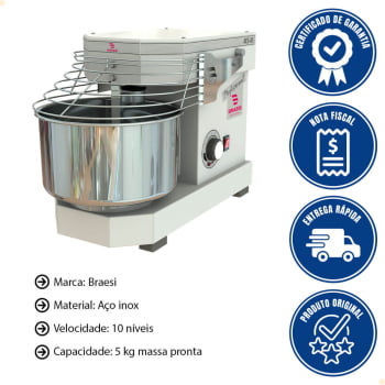 Amassadeira Industrial Espiral Braesi AES-05 Bivolt 5Kg 10 Velocidade Branca B13189