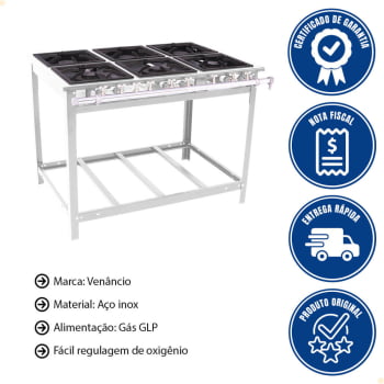 Fogão Industrial Venâncio A Gás Glp 6 Bocas - 3 Simples 3 Duplas 30x30 Parede EI6 15362