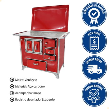 Fogão a Lenha Tradicional Venâncio N°2 Vermelho Com Tampa Gabinete Esquerdo