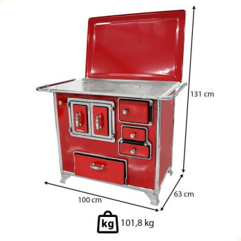 Fogão a Lenha Tradicional Venâncio N°2 Vermelho Com Tampa Gabinete Esquerdo