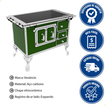 Fogão a Lenha Tradicional Venâncio N°2 Vitrocerâmico Verde Sem Tampa Porta Dupla Esquerdo 47369