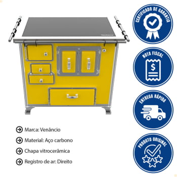 Fogão a Lenha Tradicional Venâncio N°2 Vitrocerâmico Amarelo Sem Tampa Gabinete Direito 35944