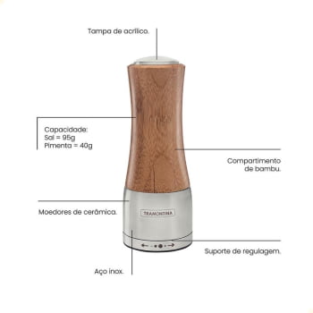 Moedor Tramontina Realce Sal ou Pimenta em Bambú e Aço Inox com Moinho em Cerâmica 61652000