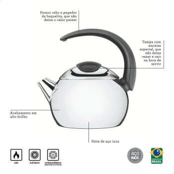 Chaleira Tramontina em Aço Inox Cabo Preto 18 cm 2,2 L 61482183