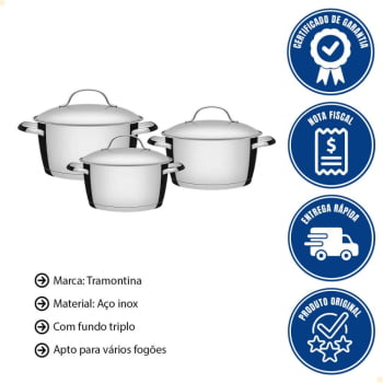 Jogo de Panelas Tramontina Allegra em Aço Inox com Fundo Triplo e Tampas de Inox 3 Peças 65660220