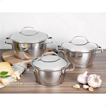 Jogo de Panelas Tramontina Allegra em Aço Inox com Fundo Triplo e Tampas de Inox 3 Peças 65660220