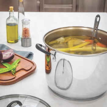 Caldeirão Tramontina Astro Silicone em Aço Inox com Fundo Triplo com Tampa de Vidro 28 cm 11,4 L 62125280