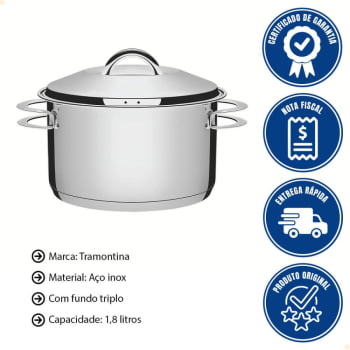 Caçarola Tramontina Solar Funda em Aço Inox Fundo Triplo com Tampa e Alças 16 cm 1,8 L 62504160