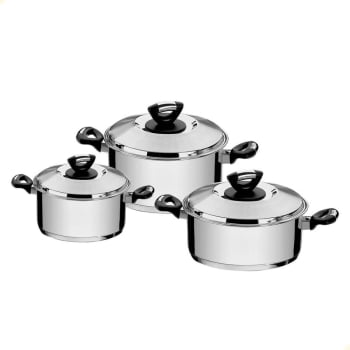 Jogo de Panelas Tramontina Solar Baquelite Aço Inox Fundo Triplo com Cabos e Alças 3 Peças 65720740