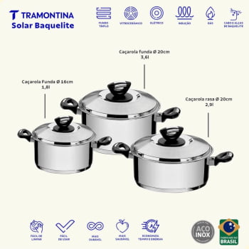 Jogo de Panelas Tramontina Solar Baquelite Aço Inox Fundo Triplo com Cabos e Alças 3 Peças 65720740