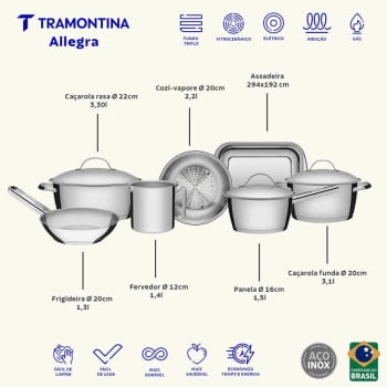 Jogo de Panelas Tramontina Allegra em Aço Inox com Fundo Triplo 7 Peças 65650170