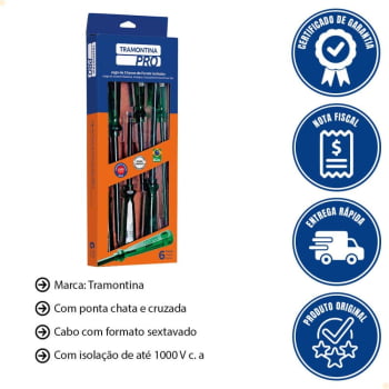 Jogo de Chaves Tramontina PRO de Fenda Eletricista 6 Peças Haste Aço Cromo Vanádio Isolada 44115406