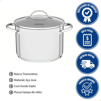 Caldeirão Tramontina Una 20 cm 4,6 L em Aço Inox com Fundo Triplo e Tampa de Vidro 62285200