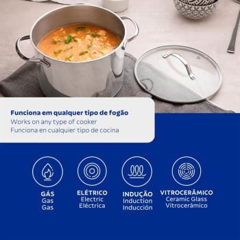 Caldeirão Tramontina Una 20 cm 4,6 L em Aço Inox com Fundo Triplo e Tampa de Vidro 62285200