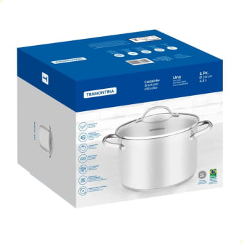 Caldeirão Tramontina Una 20 cm 4,6 L em Aço Inox com Fundo Triplo e Tampa de Vidro 62285200