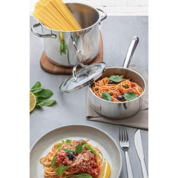 Caldeirão Tramontina Una 20 cm 4,6 L em Aço Inox com Fundo Triplo e Tampa de Vidro 62285200